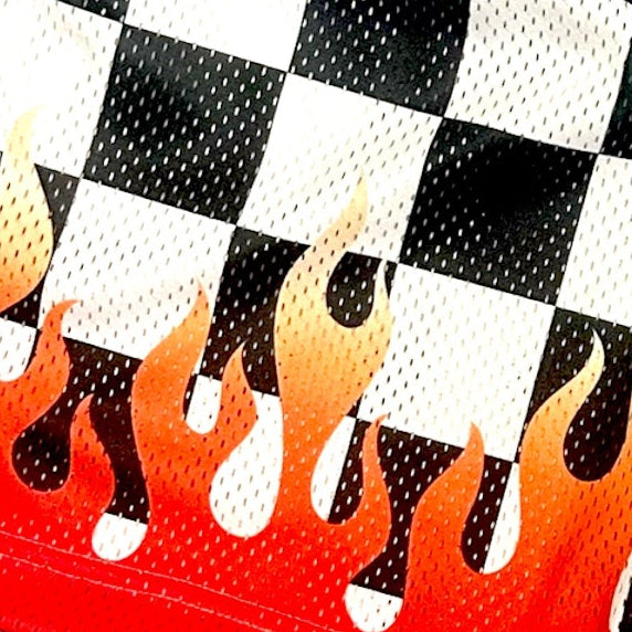 RF Wear Men's Mesh Checkered Flame Shorts - Black/White Red Flame- Close Up