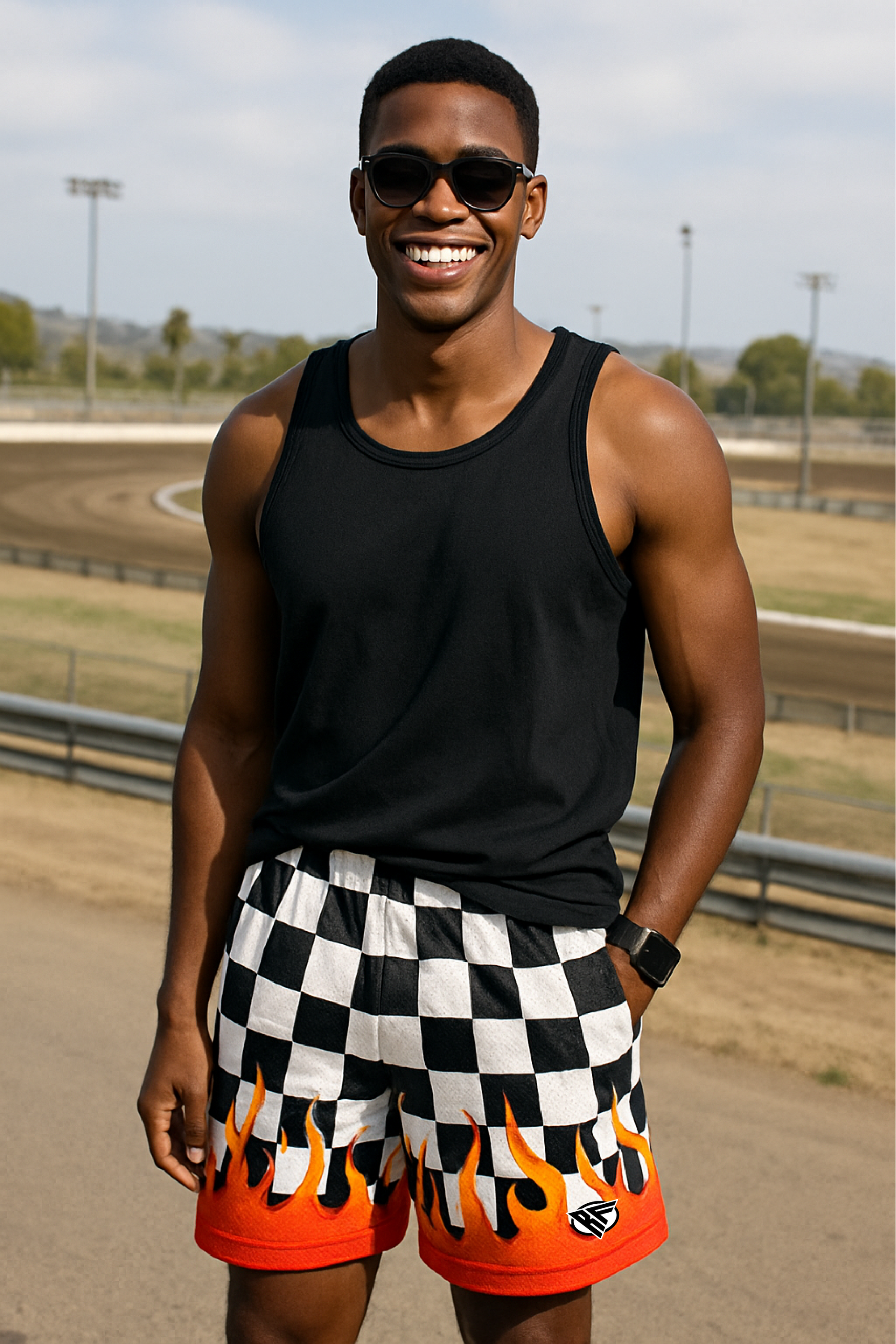 RF Wear Men's Mesh Checkered Flame Shorts - Black/White Red Flames - Model Front View