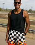 RF Wear Men's Mesh Checkered Flame Shorts - Black/White Red Flames - Model Front View