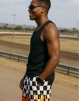 RF Wear Men's Mesh Checkered Flame Shorts - Black/White Red Flames - Model Side View