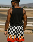 RF Wear Men's Mesh Checkered Flame Shorts - Black/White Red Flames - Model Back View
