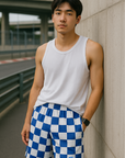 RF Wear Men's Mesh Checkered Shorts - Blue/White - Model Front View