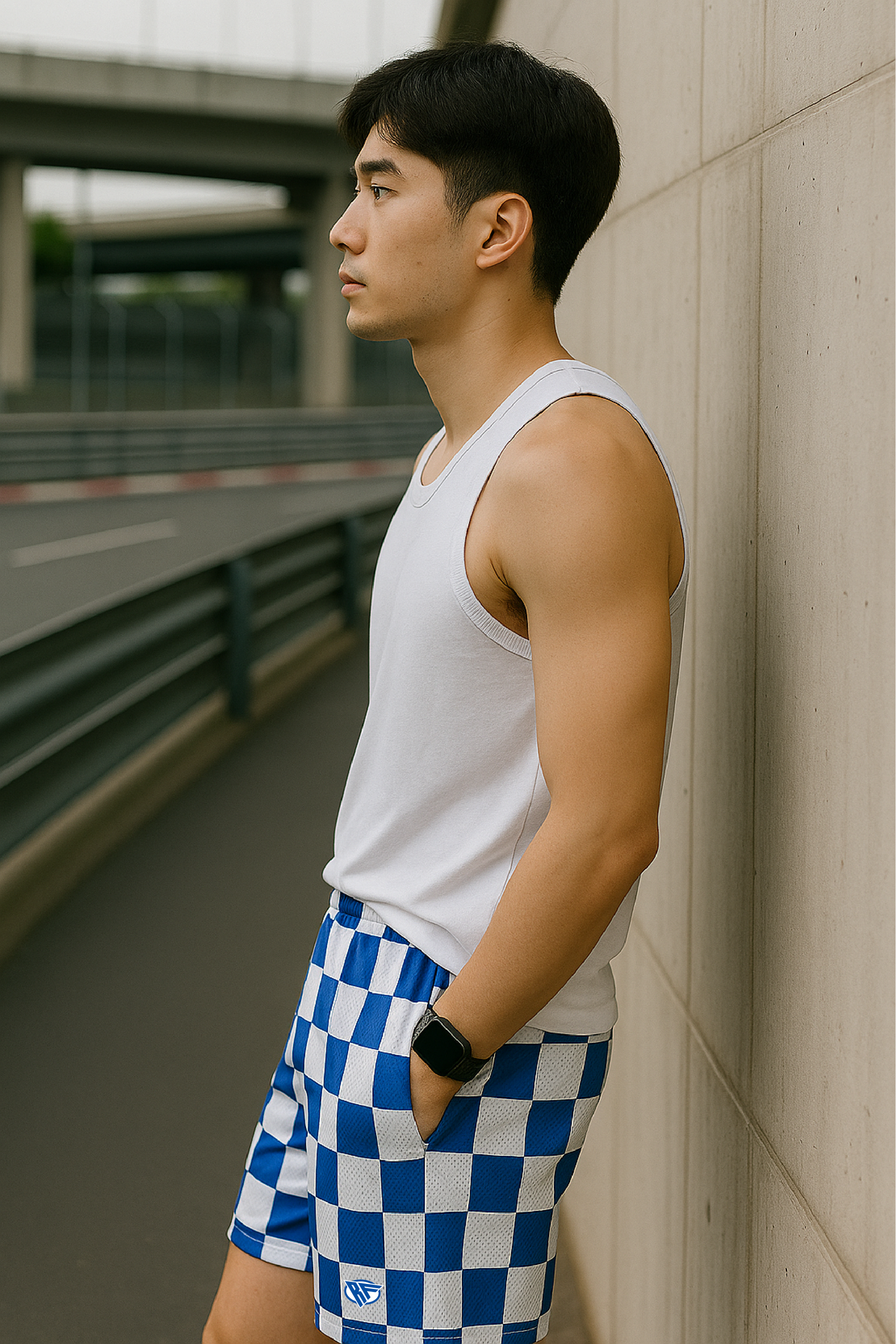 RF Wear Men's Mesh Checkered Shorts - Blue/White - Model Side View