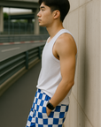 RF Wear Men's Mesh Checkered Shorts - Blue/White - Model Side View