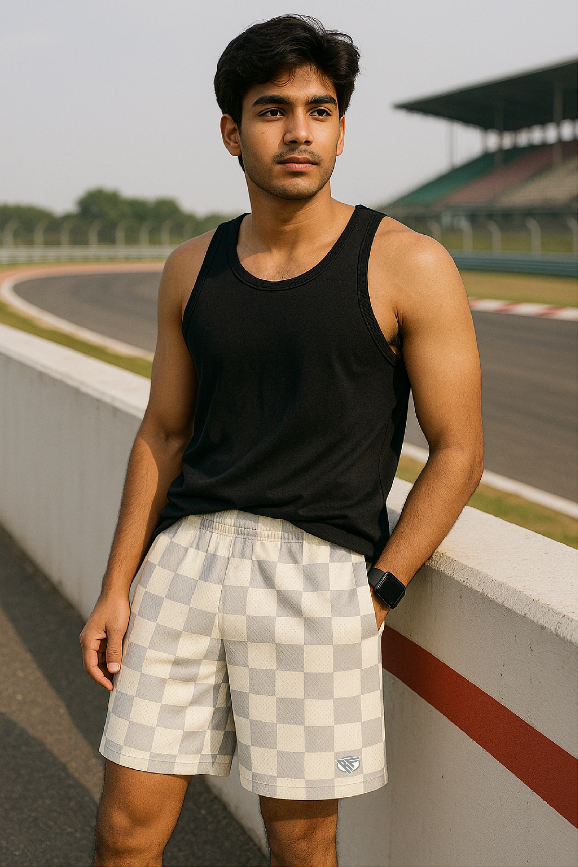 RF Wear Men's Mesh Checkered Shorts - Grey/Cream - Model Front View