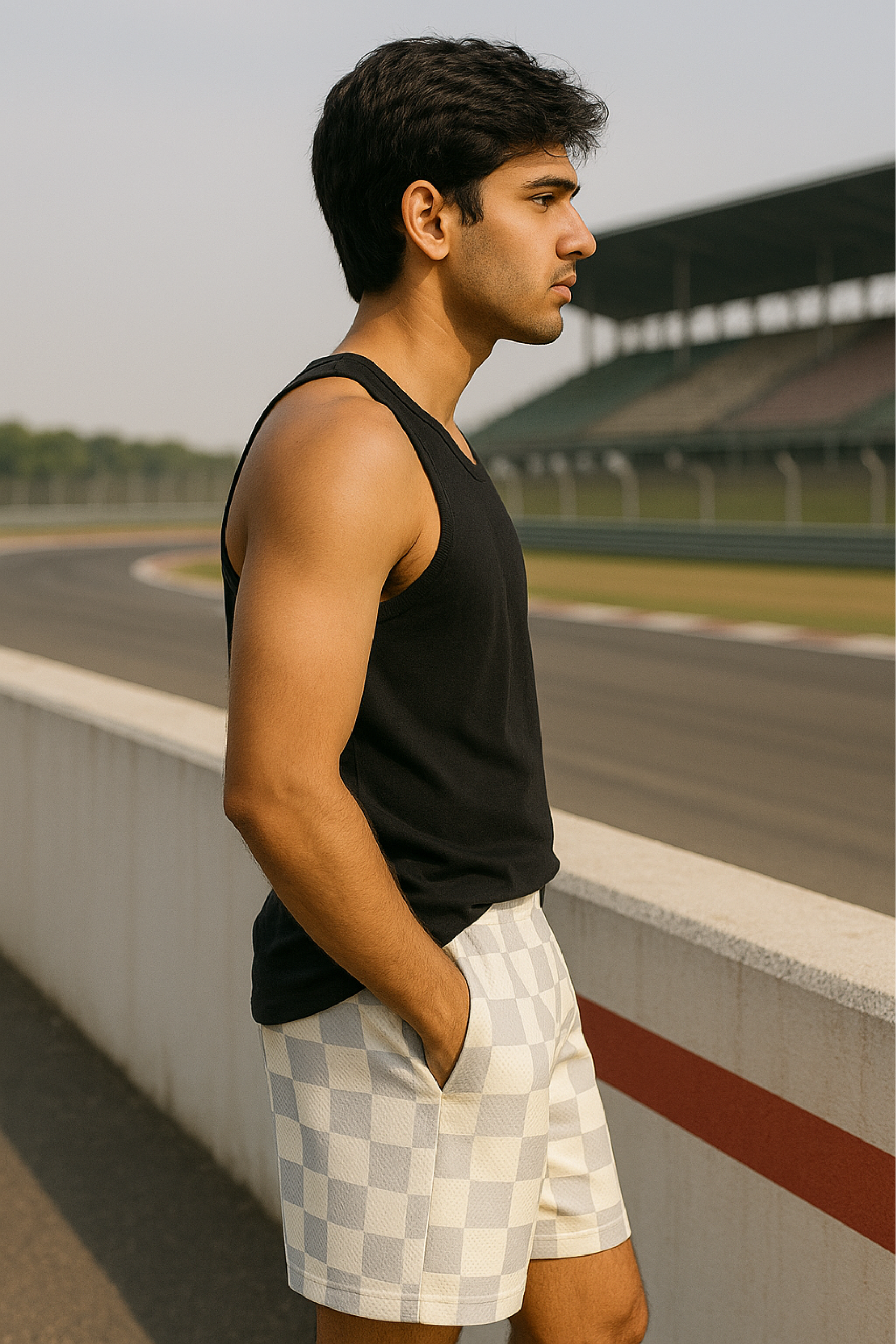 RF Wear Men's Mesh Checkered Shorts - Grey/Cream - Model Side View