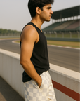 RF Wear Men's Mesh Checkered Shorts - Grey/Cream - Model Side View