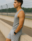 RF Wear Men's Mesh Checkered Shorts - Grey/Light Grey - Model Side View
