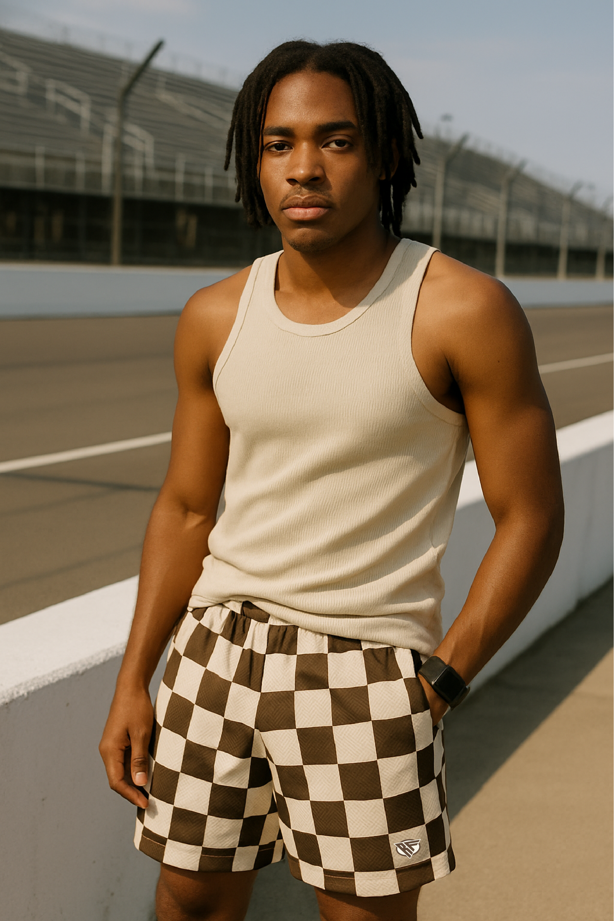 RF Wear Men's Mesh Checkered Shorts - Mocha/Cream - Model Front View