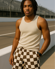 RF Wear Men's Mesh Checkered Shorts - Mocha/Cream - Model Front View
