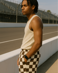 RF Wear Men's Mesh Checkered Shorts - Mocha/Cream - Model Side View