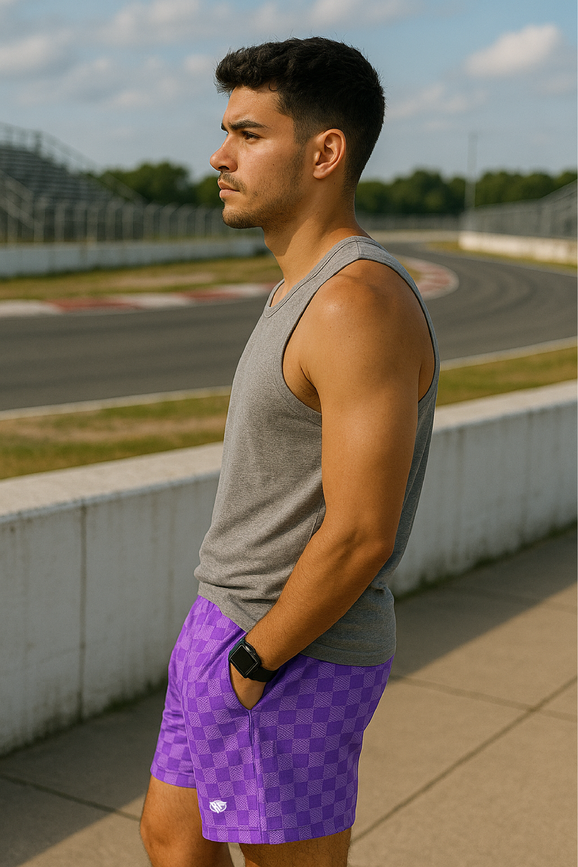 RF Wear Men's Mesh Checkered Shorts - Purple/Light-Purple - Model Side View