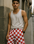 RF Wear Men's Mesh Checkered Shorts - Red/White - Model Front View