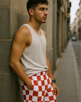 RF Wear Men's Mesh Checkered Shorts - Red/White - Model Side View
