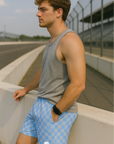 RF Wear Men's Mesh Checkered Shorts - Sky Blue - Model Side View