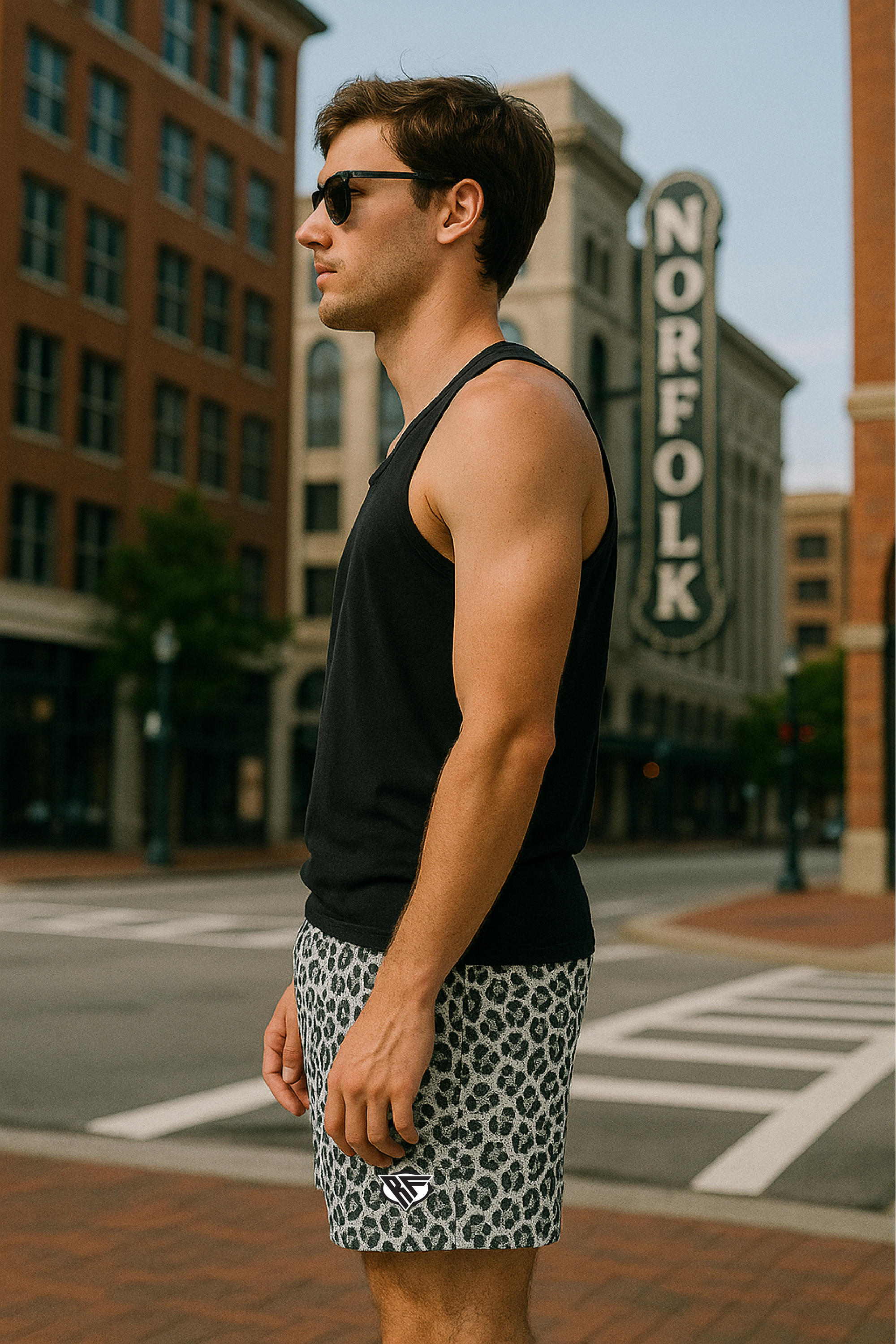 RF Wear Men's Mesh Animal Print Shorts - Cheetah - White - Model Side View