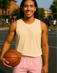 RF Wear Men's Mesh Cream Stripe V-Cut Shorts - Pink - Model Front View