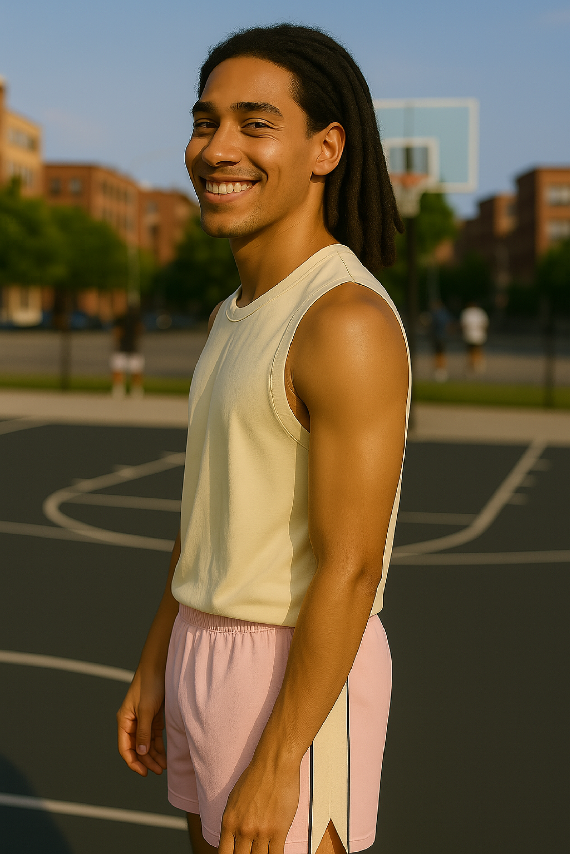 RF Wear Men's Mesh Cream Stripe V-Cut Shorts - Pink - Model Side View