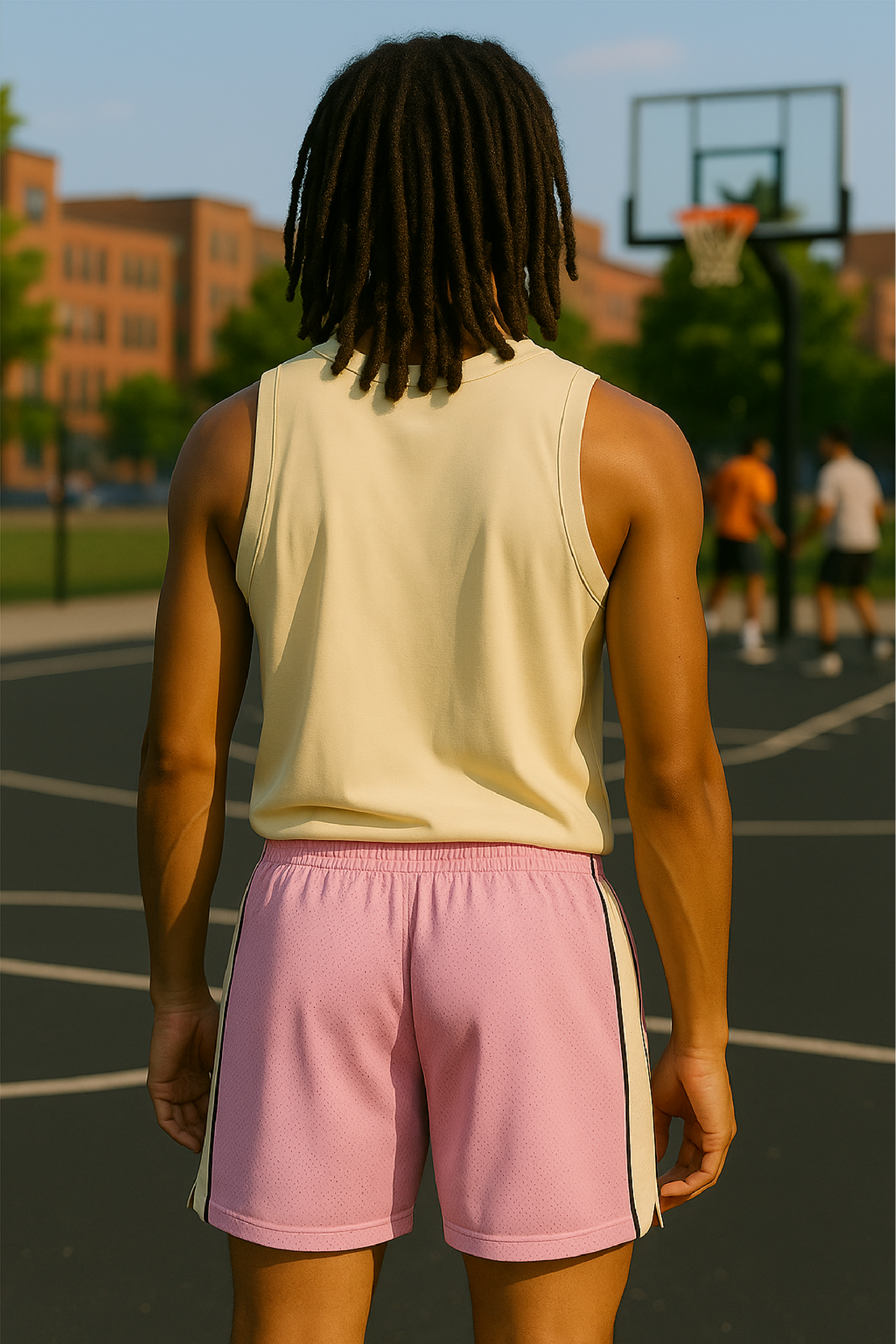 RF Wear Men's Mesh Cream Stripe V-Cut Shorts - Pink - Model Back View