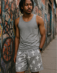 RF Wear Mesh Cross Shorts - Grey - White - Model Front View