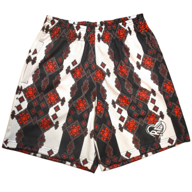RF Wear Men's Mesh Decorative Stripe Shorts - Red/Black/White - Close Up