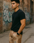 RF Wear Men's Mesh Desert Camo Shorts - Tan/Brown - Model Side View