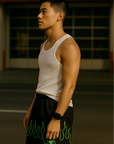 RF Wear Men's Mesh Fire Shorts - Black/Green - Model Side View