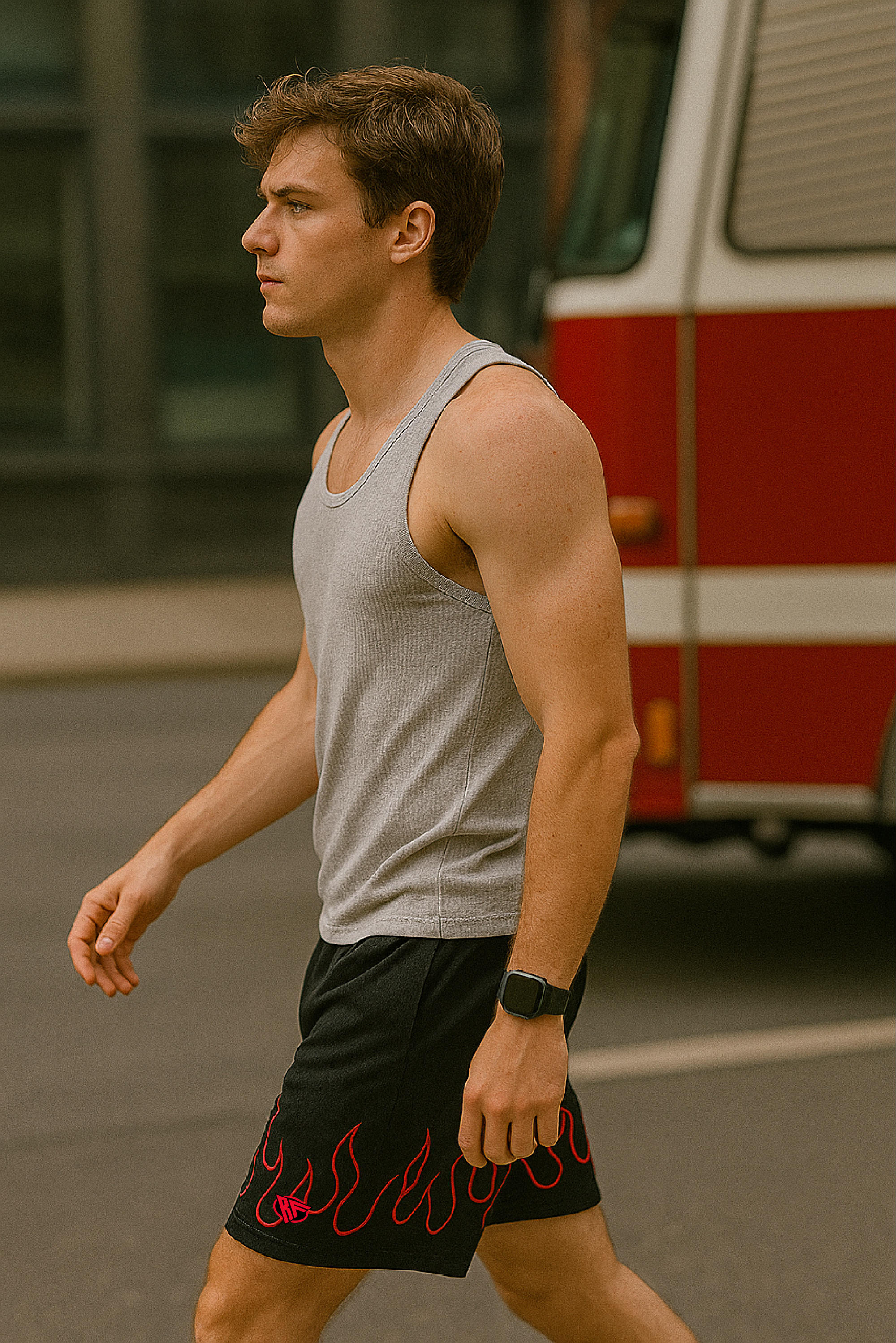 RF Wear Men's Mesh Fire Shorts - Black/Red - Model Side View
