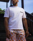 RF Wear Men's Mesh Flame Shorts - Orange/White - Model Front View-2