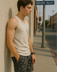 RF Wear Men's Mesh Floral Porcelain Shorts - Black/Grey - Model Side View