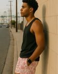 RF Wear Men's Mesh Floral Porcelain Shorts - White/ Fuchsia - Model Side View