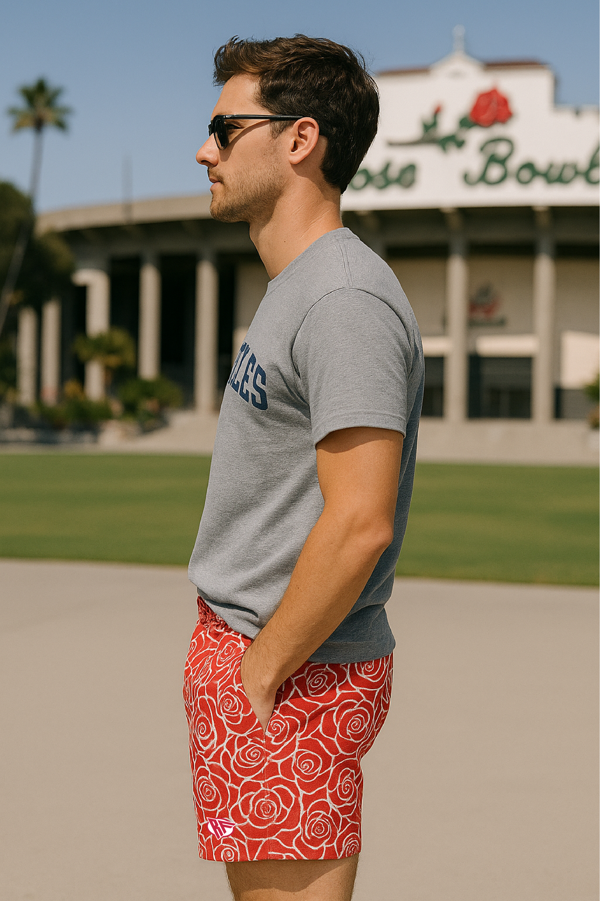 RF Wear Men's Mesh Floral Rose Shorts - Red - Model Side View