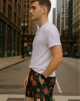 RF Wear Men's Mesh Floral Shorts - Black/Red/Peach - Model Side View