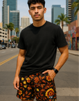 RF Wear Men's Mesh Floral 2.0 Shorts - Black/Orange/Yellow - Model Front View