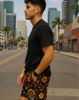 RF Wear Men's Mesh Floral 2.0 Shorts - Black/Orange/Yellow - Model Side View
