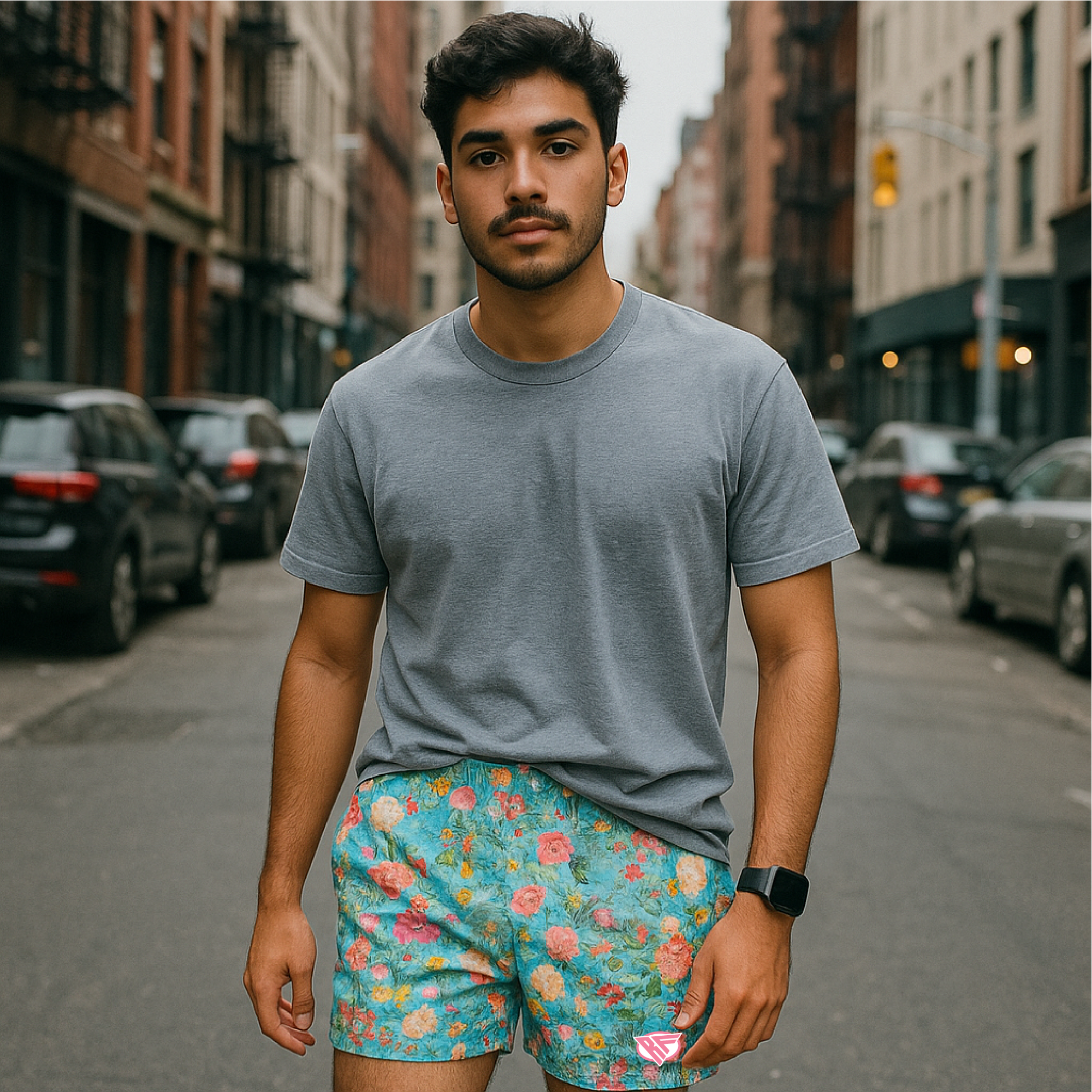 RF Wear Men's Mesh Floral Shorts - Teal/Multicolor - Model Front View