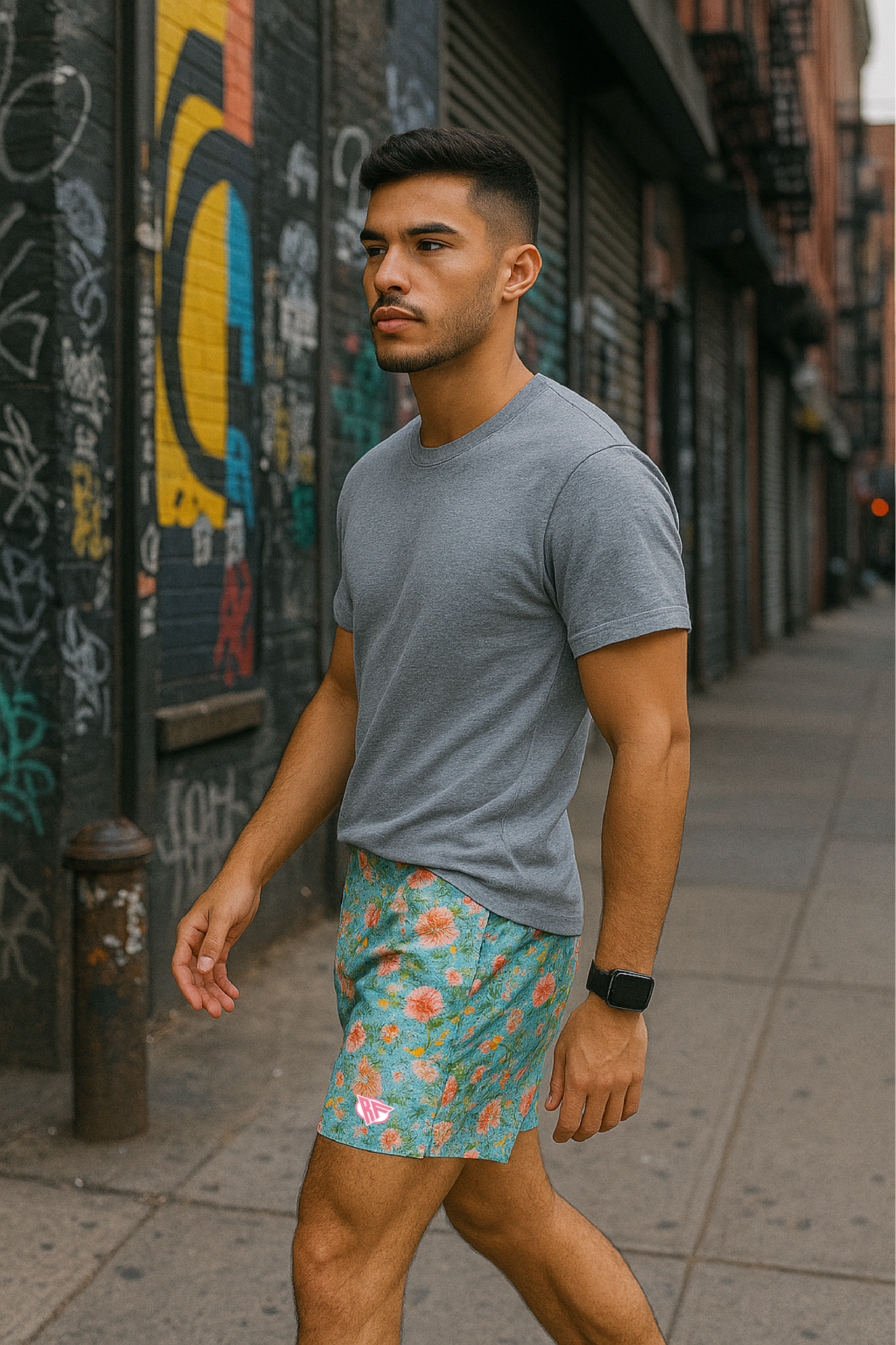 RF Wear Men's Mesh Floral Shorts - Teal/Multicolor - Model Side View