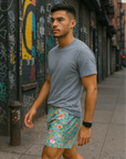 RF Wear Men's Mesh Floral Shorts - Teal/Multicolor - Model Side View