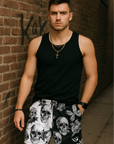 RF Men's Mesh Split Floral Skull Shorts - Black/White - Model Front View