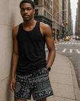 RF Wear Men's Mesh Mismatch Bandana Shorts - Black - Model Front View