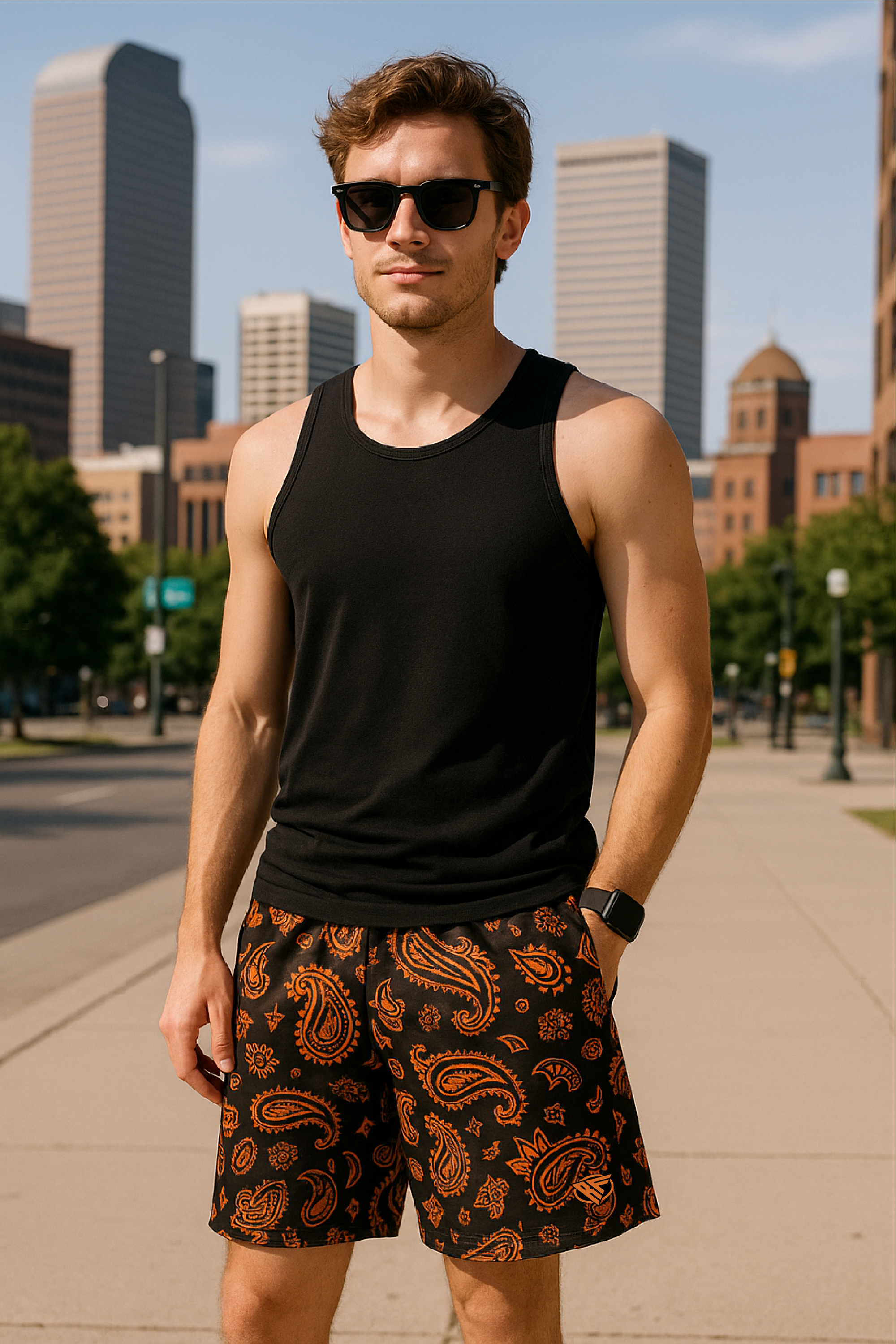 RF Wear Mesh Paisley Shorts - Black/Orange - Front