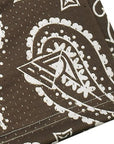 Close-up of RF-Wear Men's Mesh Paisley Shorts in Mocha/Cream with RF logo