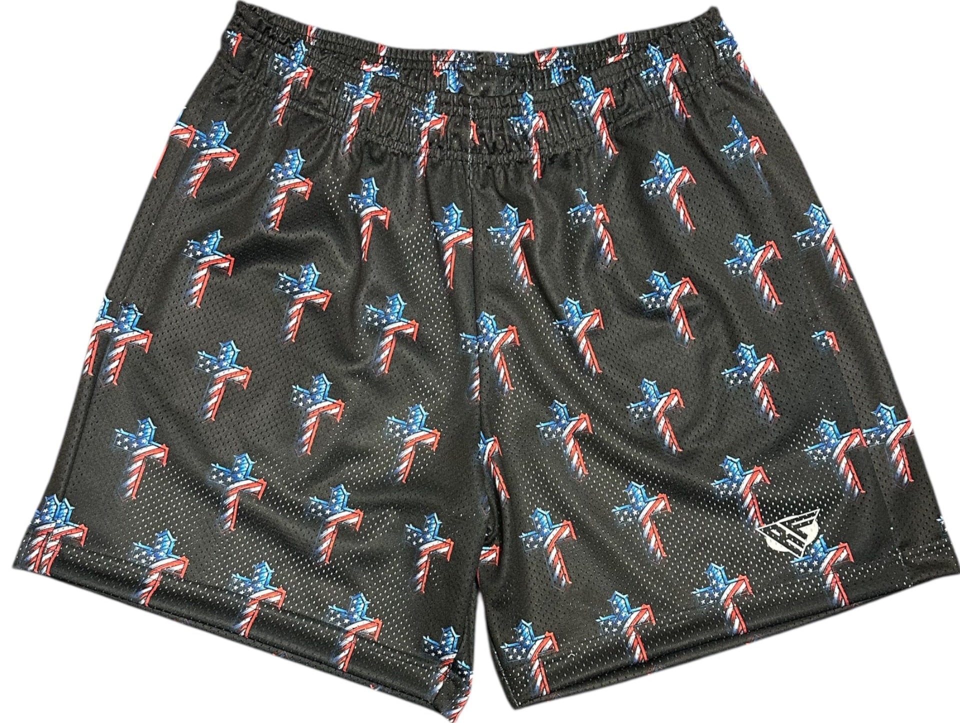 RF Wear Men's Mesh Patriotic Cross Shorts - Black Red/White/Blue - Close Up