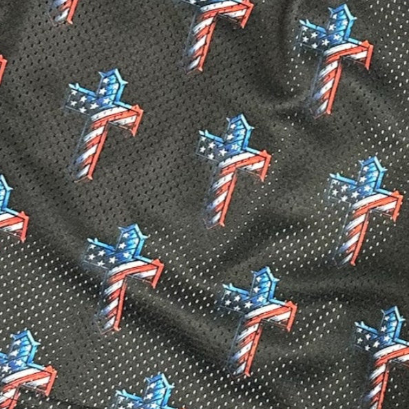 RF Wear Men's Mesh Patriotic Cross Shorts - Black Red/White/Blue - Super Close Up