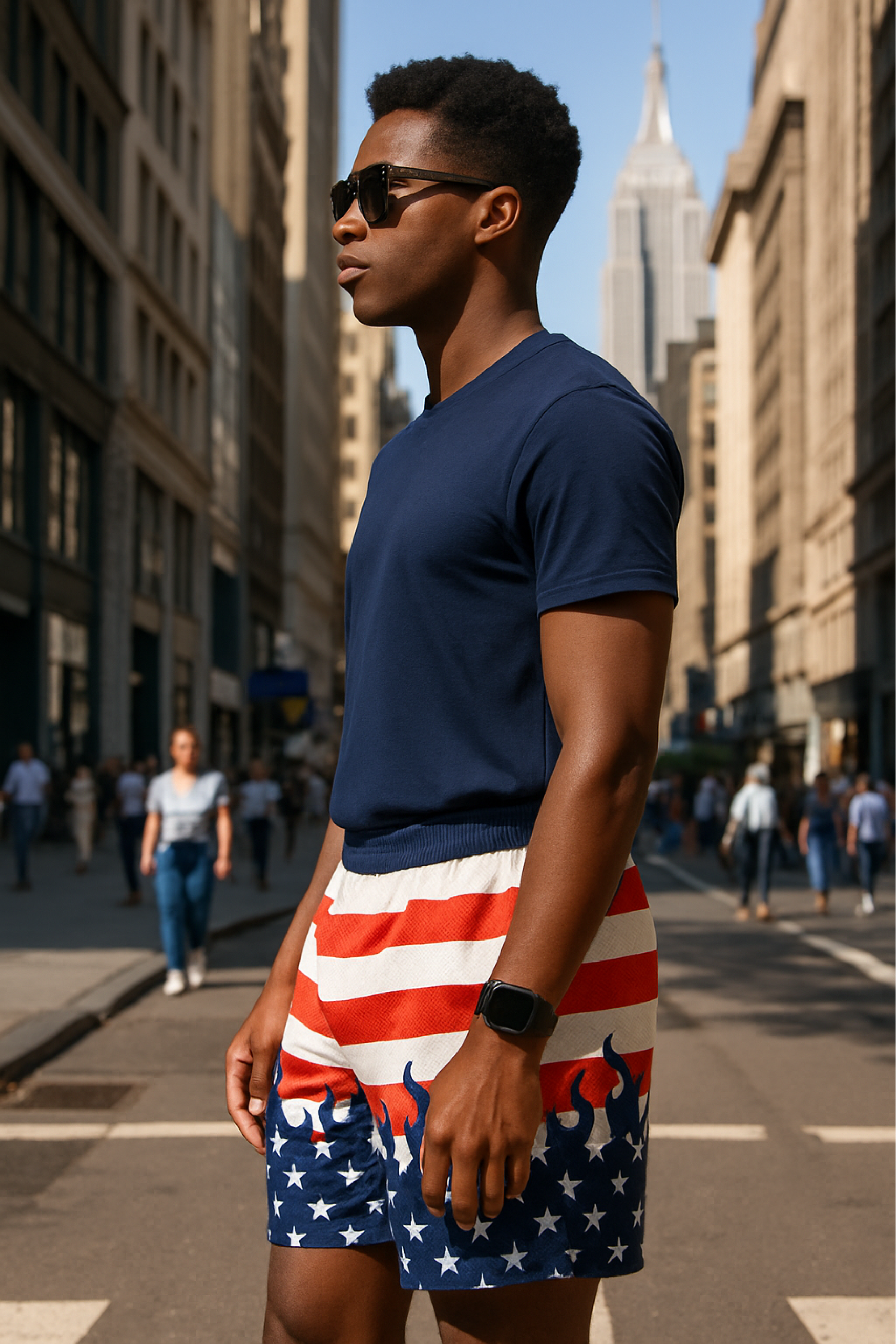 RF Wear Men's Mesh Patriotic Flame Shorts - Red/White/Blue - Model Side View
