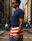 RF Wear Men's Mesh Patriotic Flame Shorts - Red/White/Blue - Model Side View