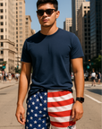 RF Wear Men's Mesh Patriotic Split Flag Shorts - Red/White/Blue - Model Front View