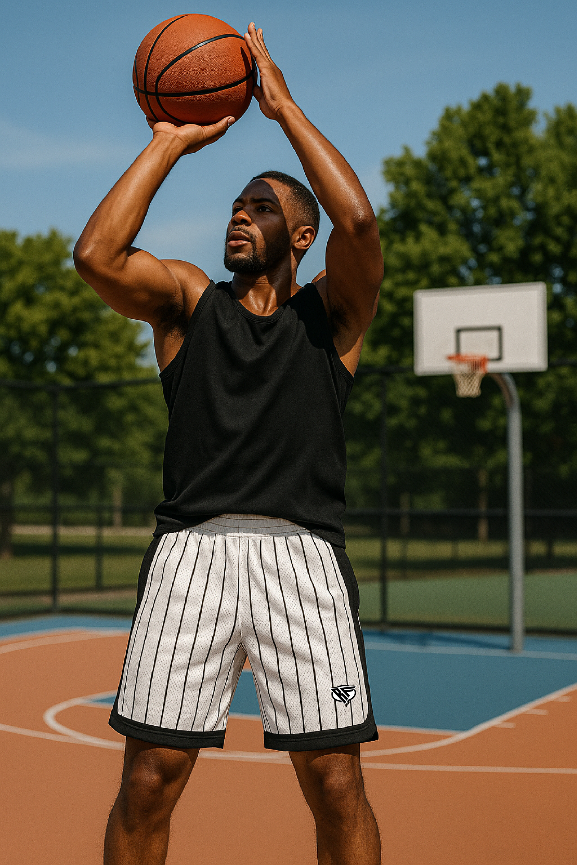 RF Wear Men's Mesh Pinstripe Basketball Shorts - White/Black - Model Front View