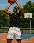 RF Wear Men's Mesh Pinstripe Basketball Shorts - White/Black - Model Front View