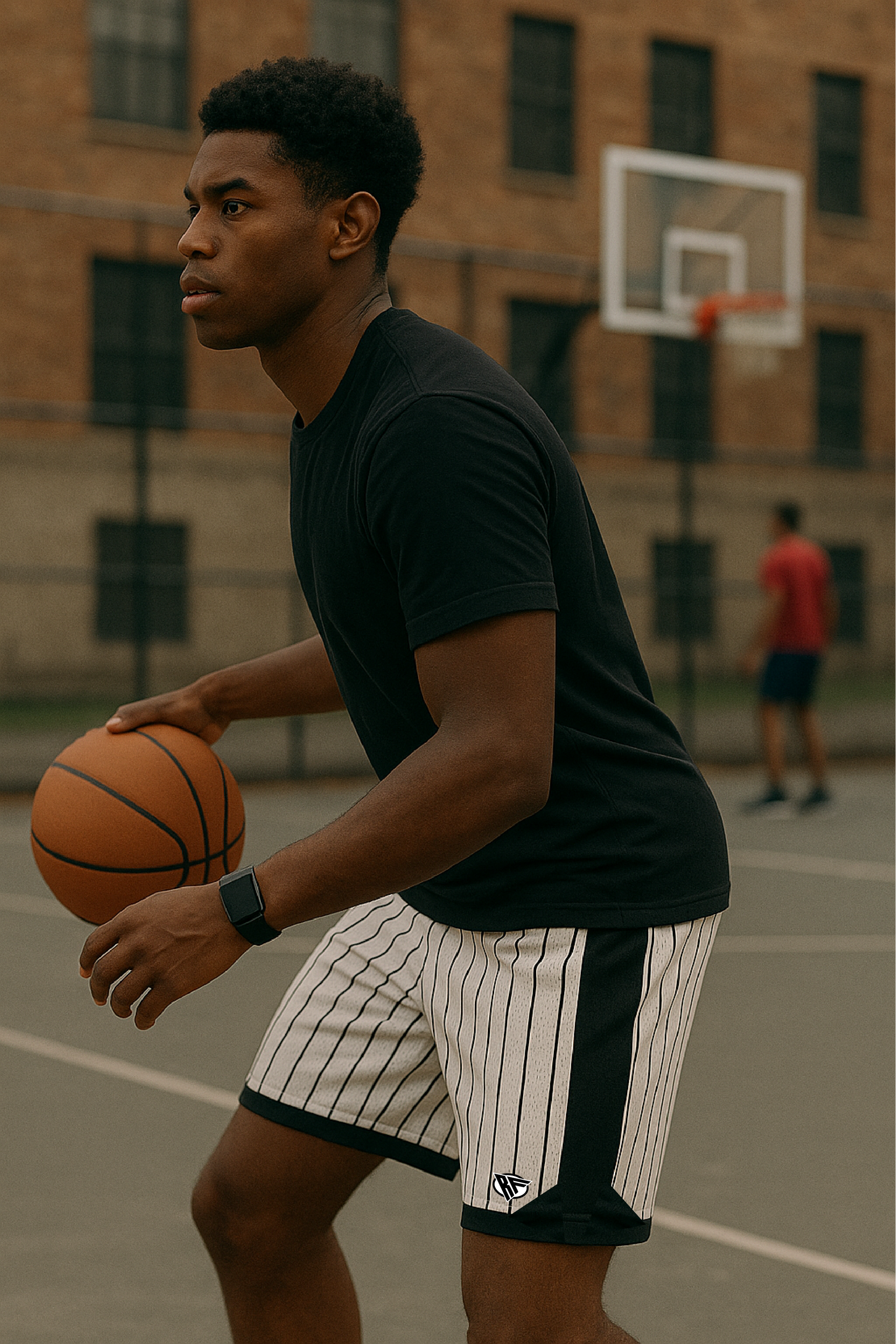 RF Wear Men's Mesh Pinstripe Basketball Shorts - White/Black - Model Side View